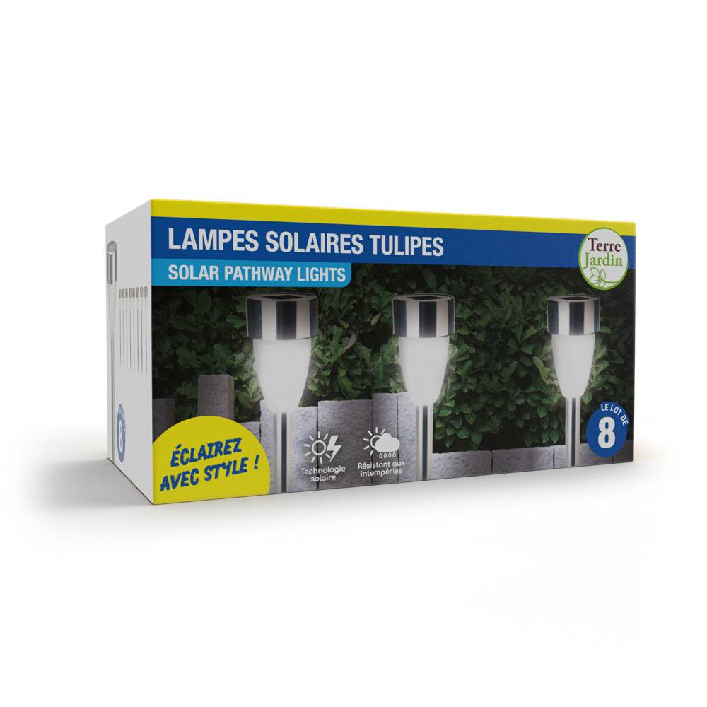 Lot de 8 lampes solaires LED tulipe H36 cm – Éclairage blanc décoratif pour balisage de jardin - TERRE JARDIN - Image 4