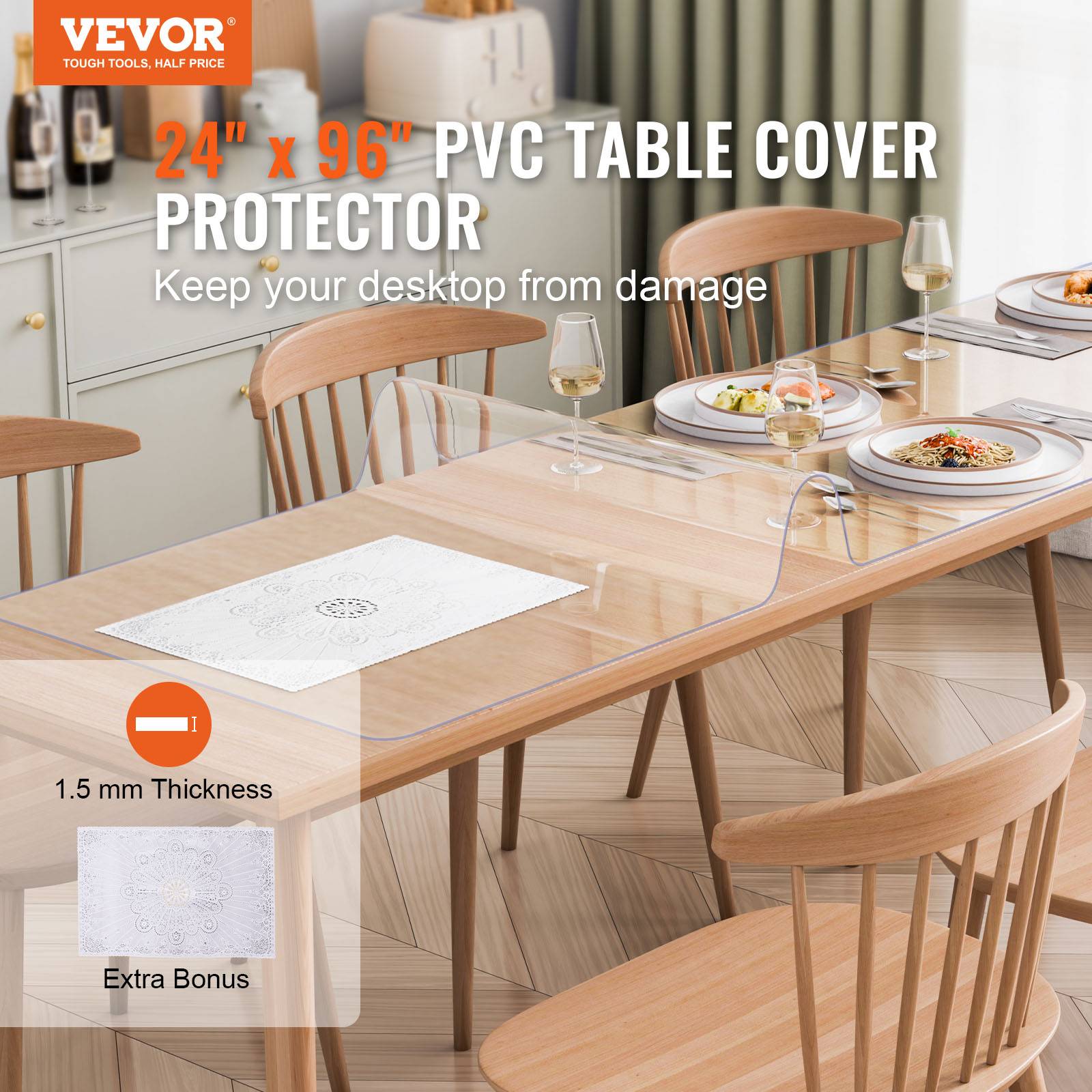 VEVOR Housse bureau PVC transparent, 24x96", 1.5mm, rectangulaire, résistant eau, chambre. - Image 2