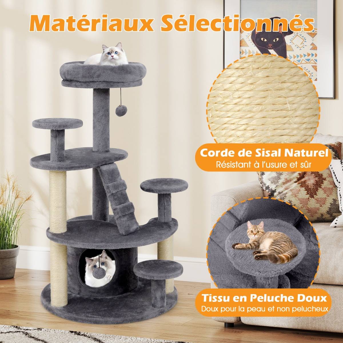 Maison Chic - Arbre à Chat Multi-Niveaux avec Condo Perchoir Rembourré Poteaux à Gratter Boule en Peluche - Image 6