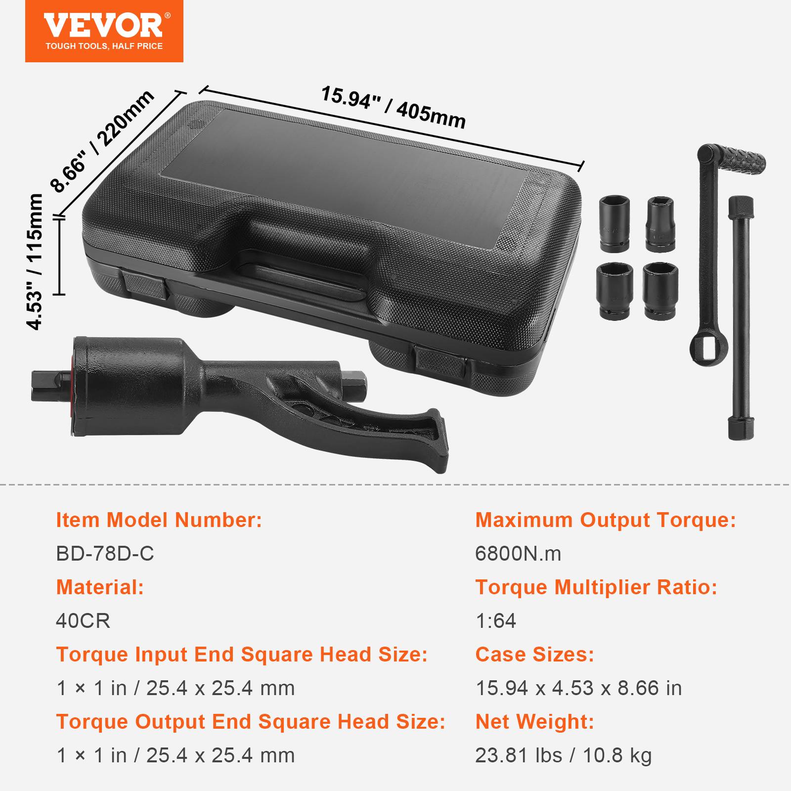 VEVOR Clé multiplicateur couple 25,4 mm, rapport 1:64, 4 douilles. Acier allié, démontage écrou roue. - Image 7