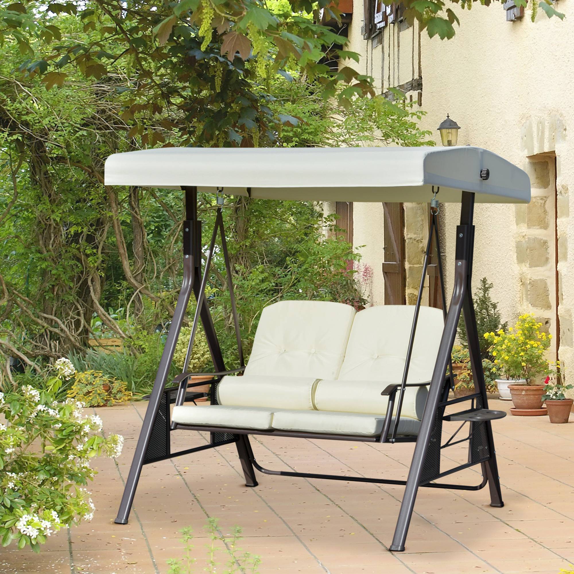 Balancelle de jardin 2 places métal terrasse toit inclinable 162x118x173cm beige - ComfortXL Outdoor Living - Image 3