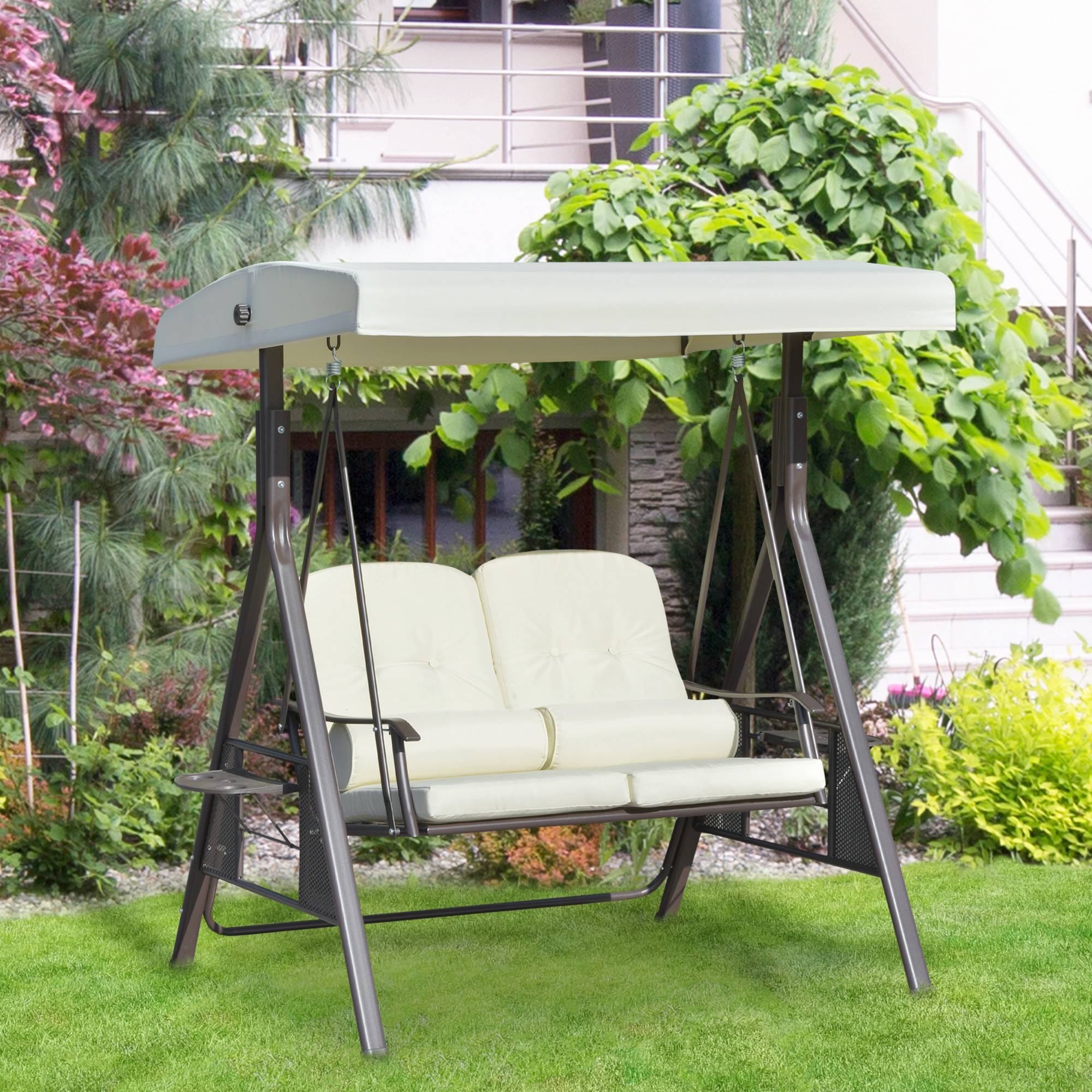 Balancelle de jardin 2 places métal terrasse toit inclinable 162x118x173cm beige - ComfortXL Outdoor Living - Image 4