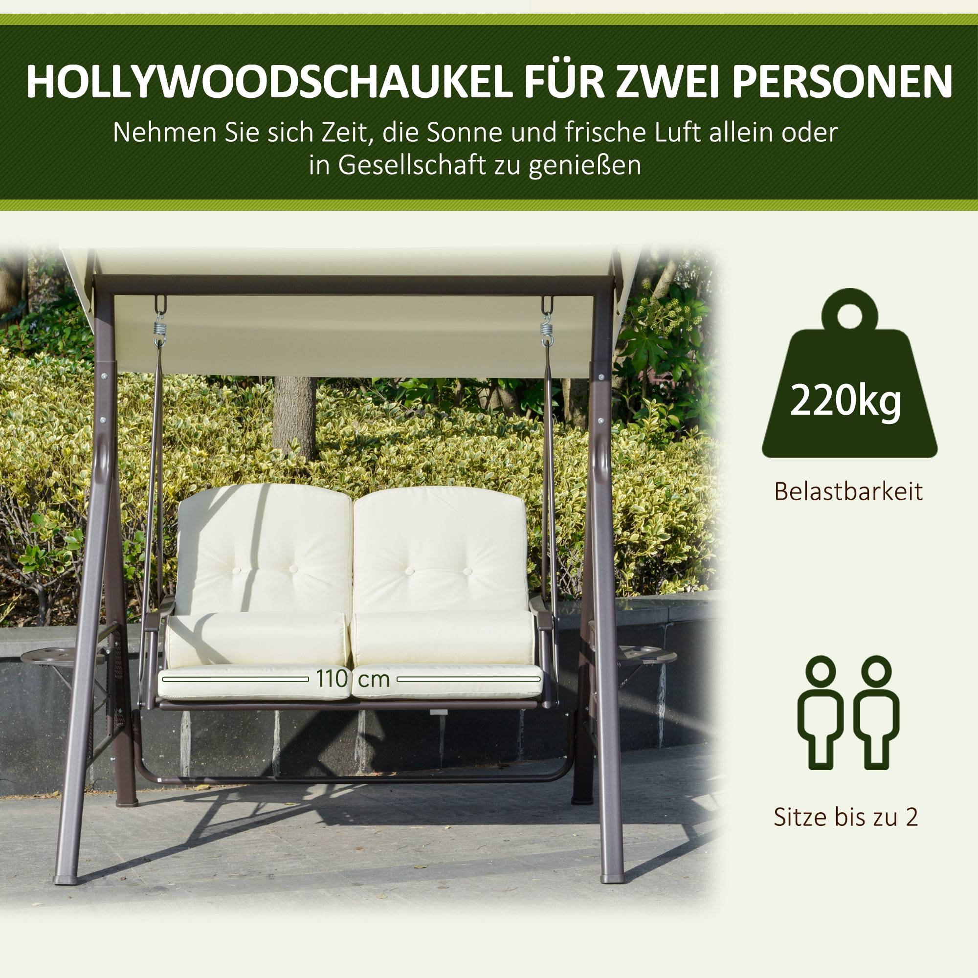 Balancelle de jardin 2 places métal terrasse toit inclinable 162x118x173cm beige - ComfortXL Outdoor Living - Image 7