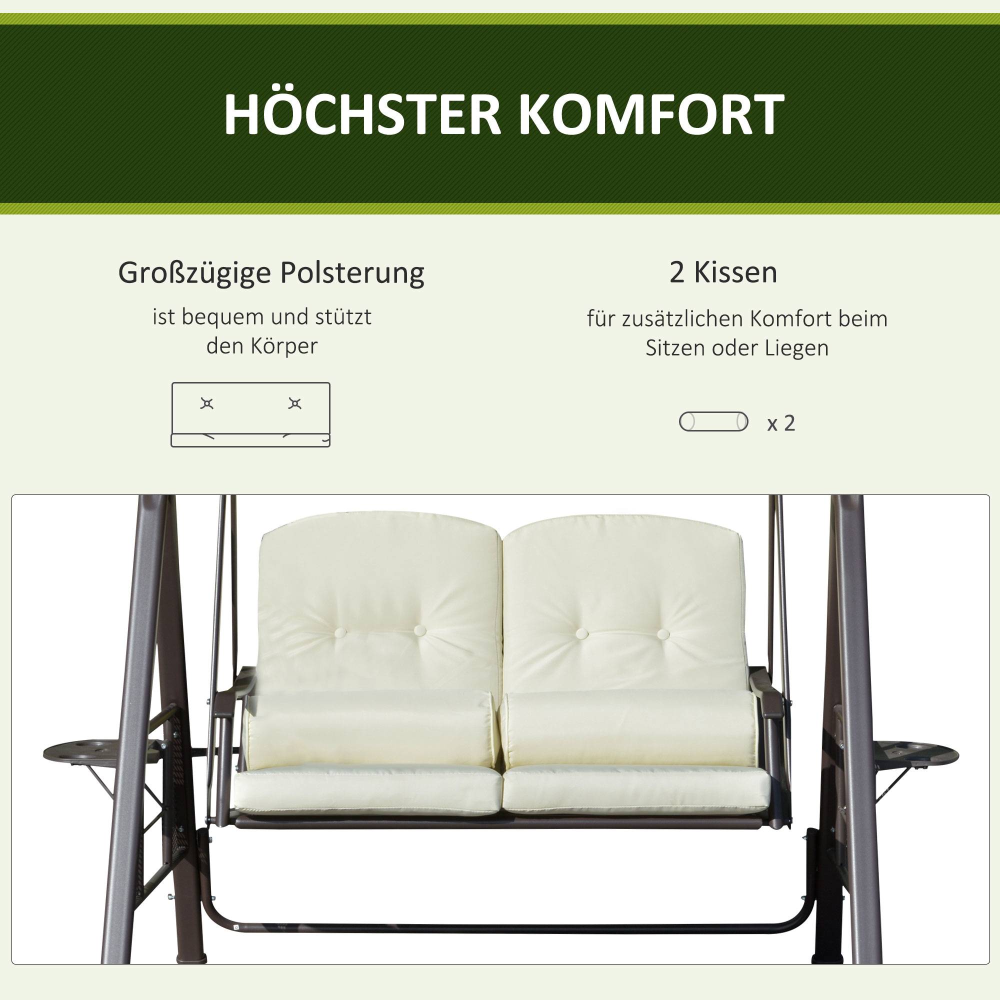 Balancelle de jardin 2 places métal terrasse toit inclinable 162x118x173cm beige - ComfortXL Outdoor Living - Image 9