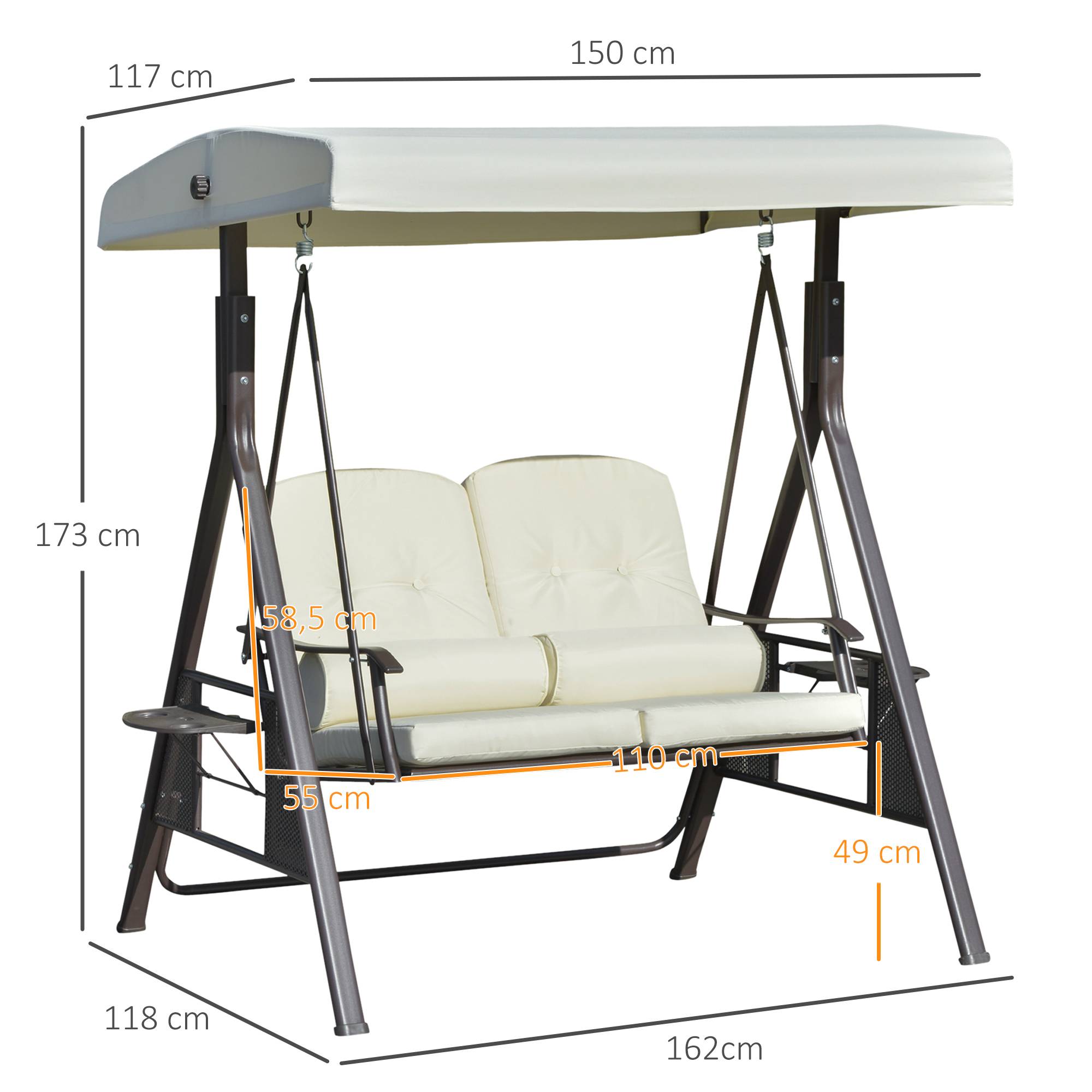 Balancelle de jardin 2 places métal terrasse toit inclinable 162x118x173cm beige - ComfortXL Outdoor Living - Image 5