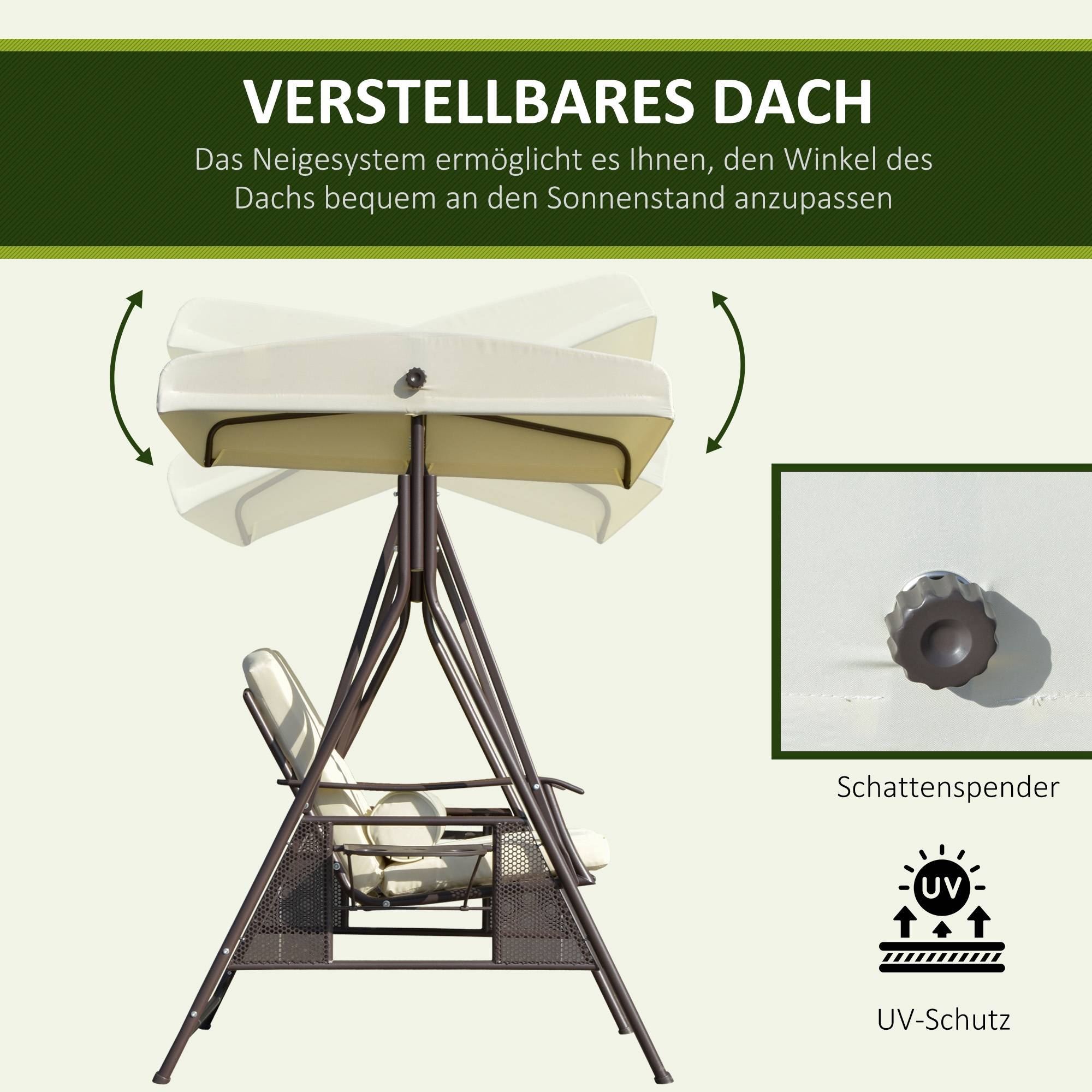 Balancelle de jardin 2 places métal terrasse toit inclinable 162x118x173cm beige - ComfortXL Outdoor Living - Image 6
