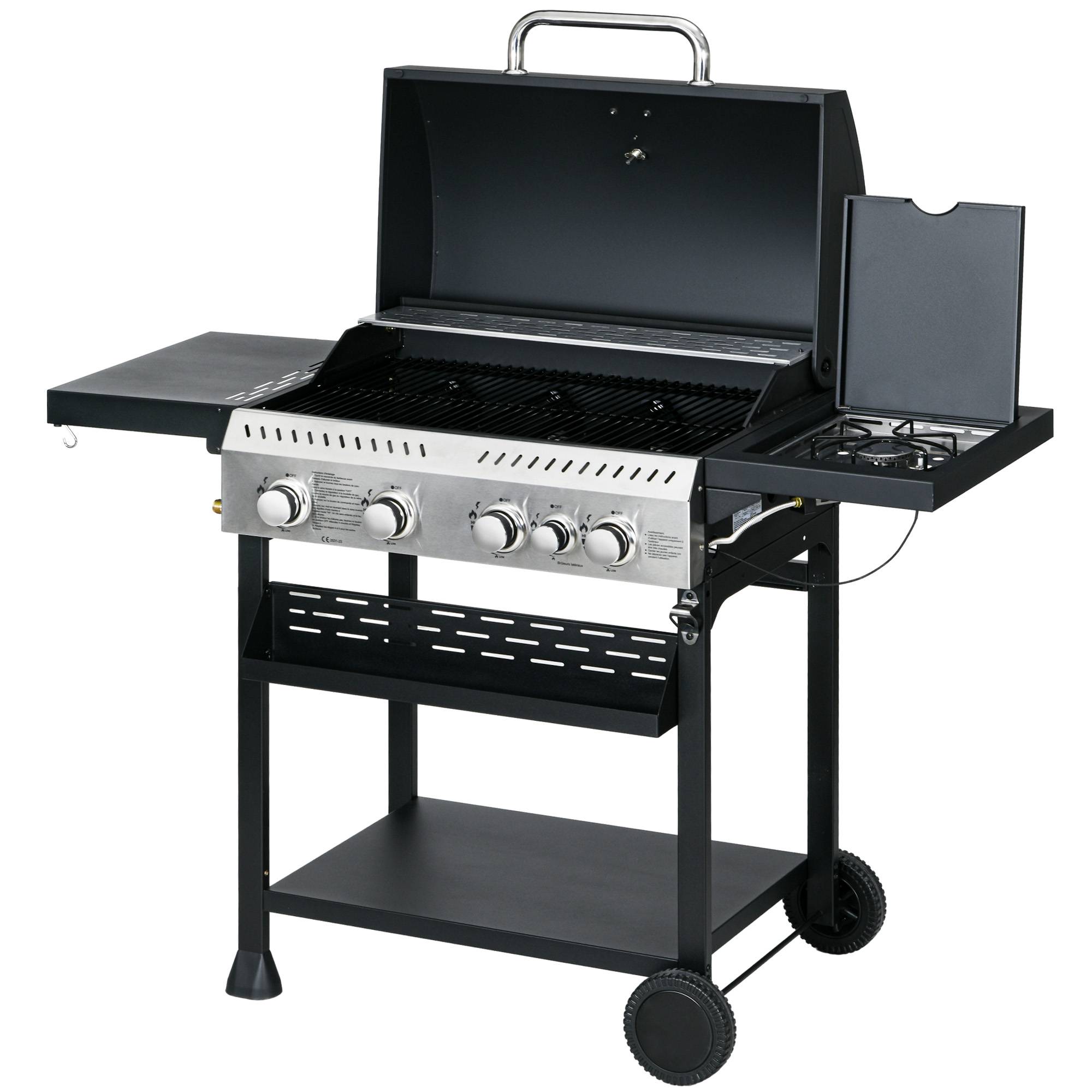 Barbecue à gaz 4+1, barbecue au gaz propane 12,5 kW roulettes, grille chauffante, étagères, thermomètre, décapsuleur - Image 2