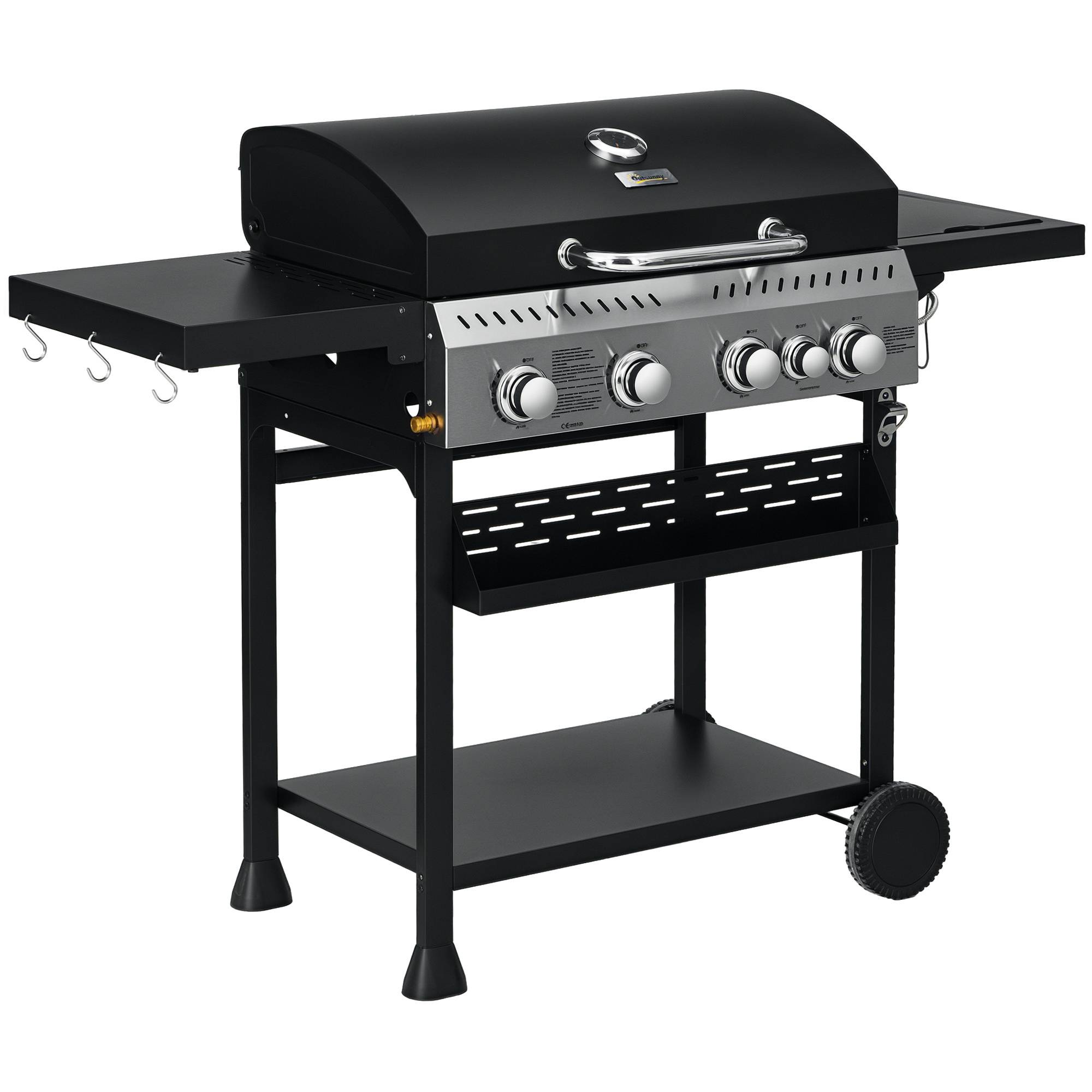 Barbecue à gaz 4+1, barbecue au gaz propane 12,5 kW roulettes, grille chauffante, étagères, thermomètre, décapsuleur - Image 1