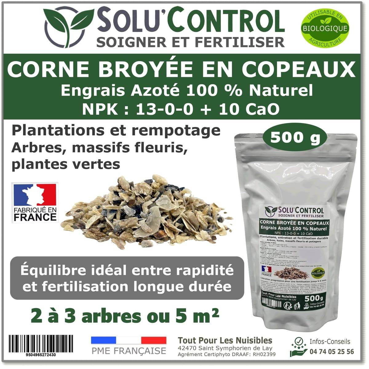 Tout pour les nuisibles - SOLU’CONTROL - 500 g de Corne Broyée en Copeaux - Engrais Azoté 100 % Naturel - Fertilisation Équilibrée pour Arbustes, Haies et Massifs Fleuris