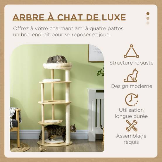 Arbre à chat design en bois et peluche pour chat avec coussin amovible 123,5 cm - ComfortXL Outdoor Living - Image 6