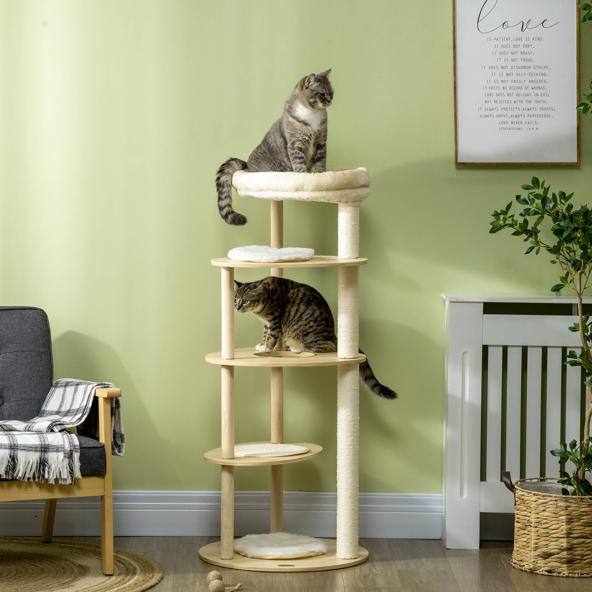 Arbre à chat design en bois et peluche pour chat avec coussin amovible 123,5 cm - ComfortXL Outdoor Living - Image 4
