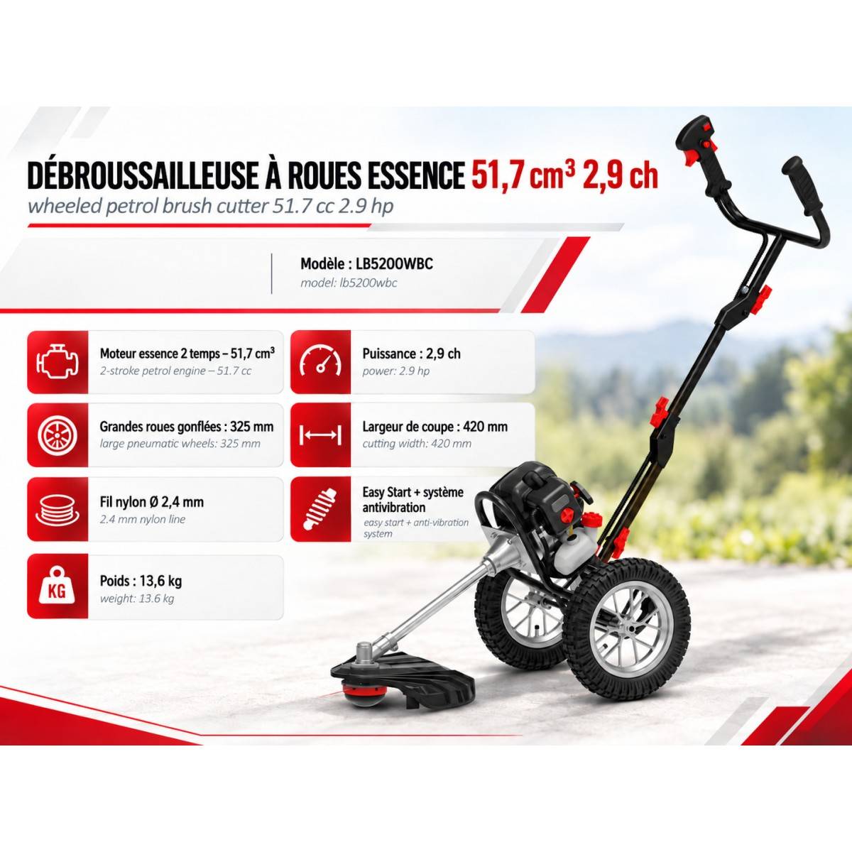 Débroussailleuse Thermique à Roues Essence 51.7Cm3 2,9CV Coupe 42cm Anti vibrations Démarrage facile Guidon pliable Lamborghini - Image 2