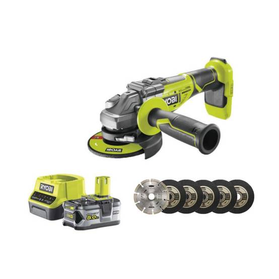 Ryobi - Pack RYOBI meuleuse d'angle brushless 18V One+ R18AG7-0 - 1 batterie 18V 5.0Ah - 1 chargeur rapide - kit de 6 disques 125 mm - Image 1