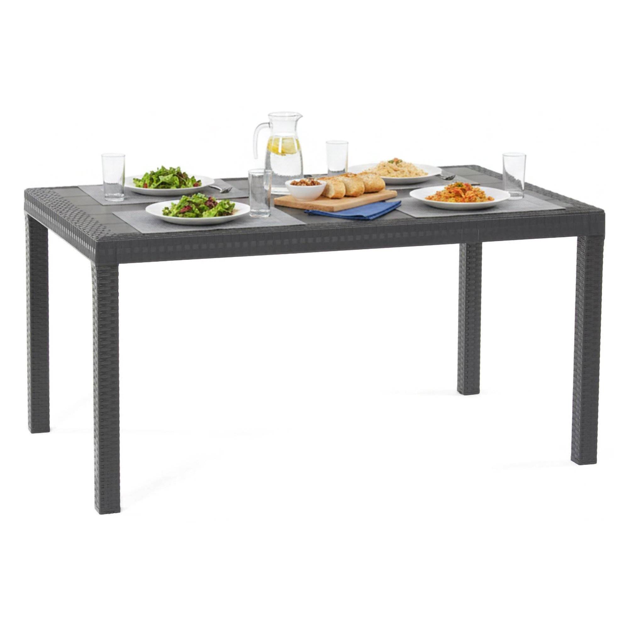 Dmora - Table d'extérieur Debueh, Etagère de jardin rectangulaire, Table de jardin polyvalente effet rotin, 150x90h74 cm, Anthracite - Dmora - Imagen 1