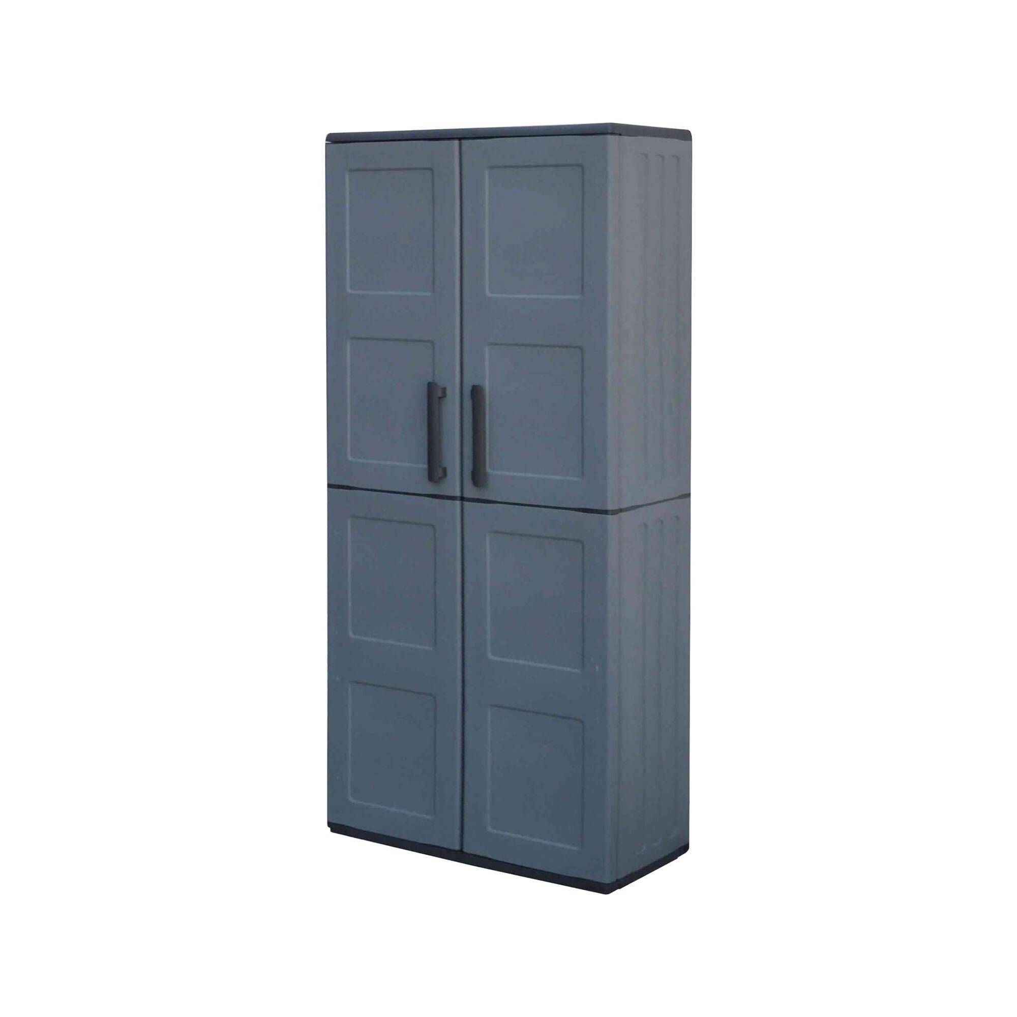 Dmora - Armoire d'extérieur Dambrosin, Meubles de balcon, Armoire polyvalente avec étagères, 68x37h163 cm, Gris et Noir, Finition damier - Dmora - Imagen 1