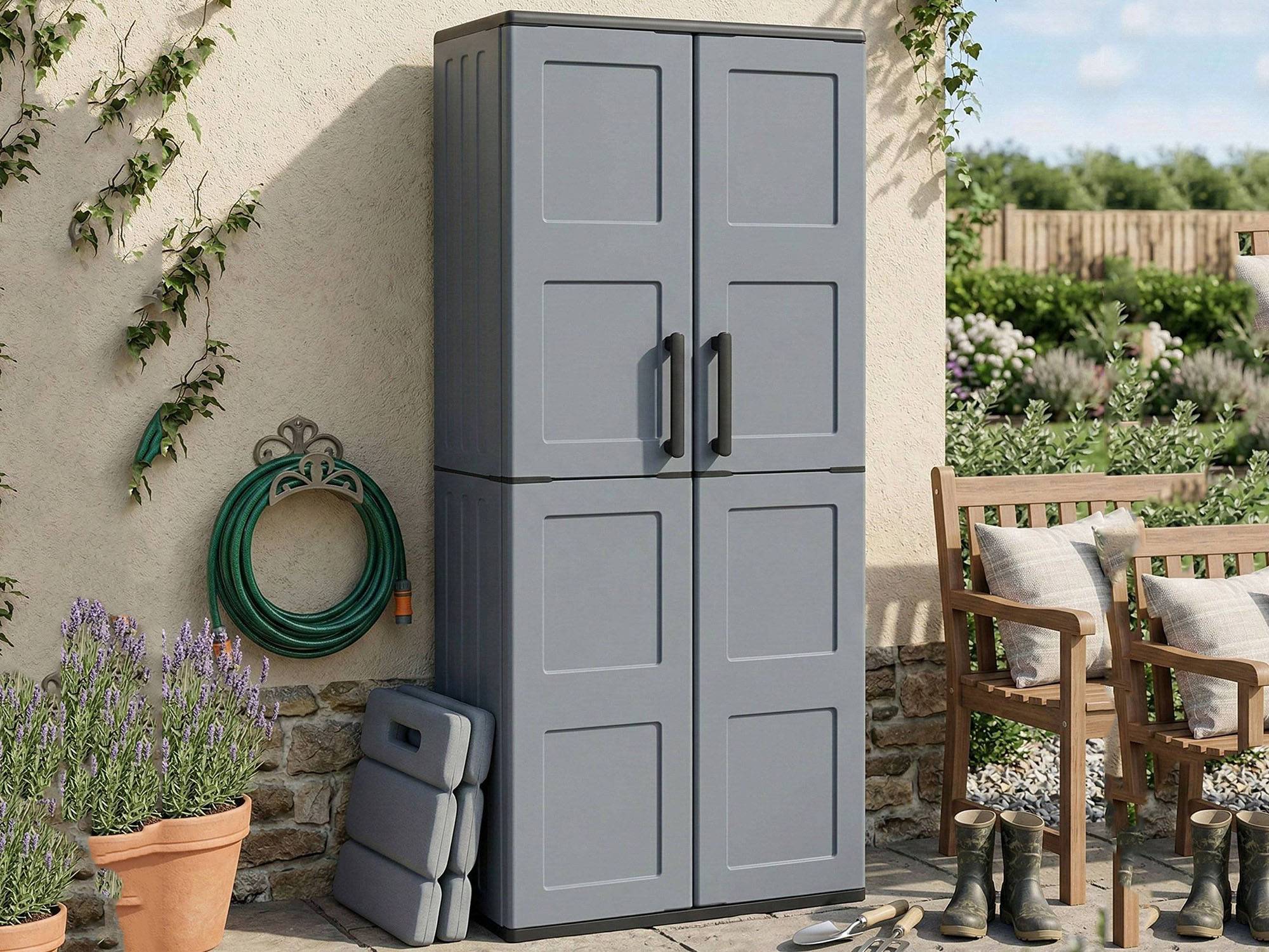 Dmora - Armoire d'extérieur Dambrosin, Meubles de balcon, Armoire polyvalente avec étagères, 68x37h163 cm, Gris et Noir, Finition damier - Dmora - Imagen 7