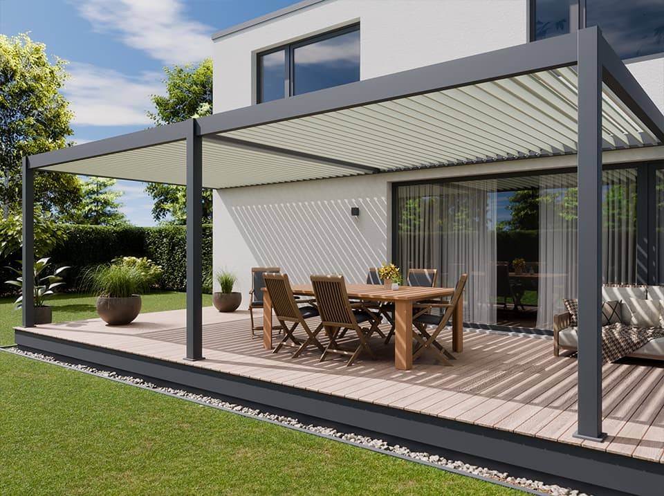 Pergola Bioclimatique Aluminium Adossée 32m² - 4x8m - Kit LED Inclus  - Anthracite - 50 lames en Aluminium a 120 degrés - HALO - Imagen 2