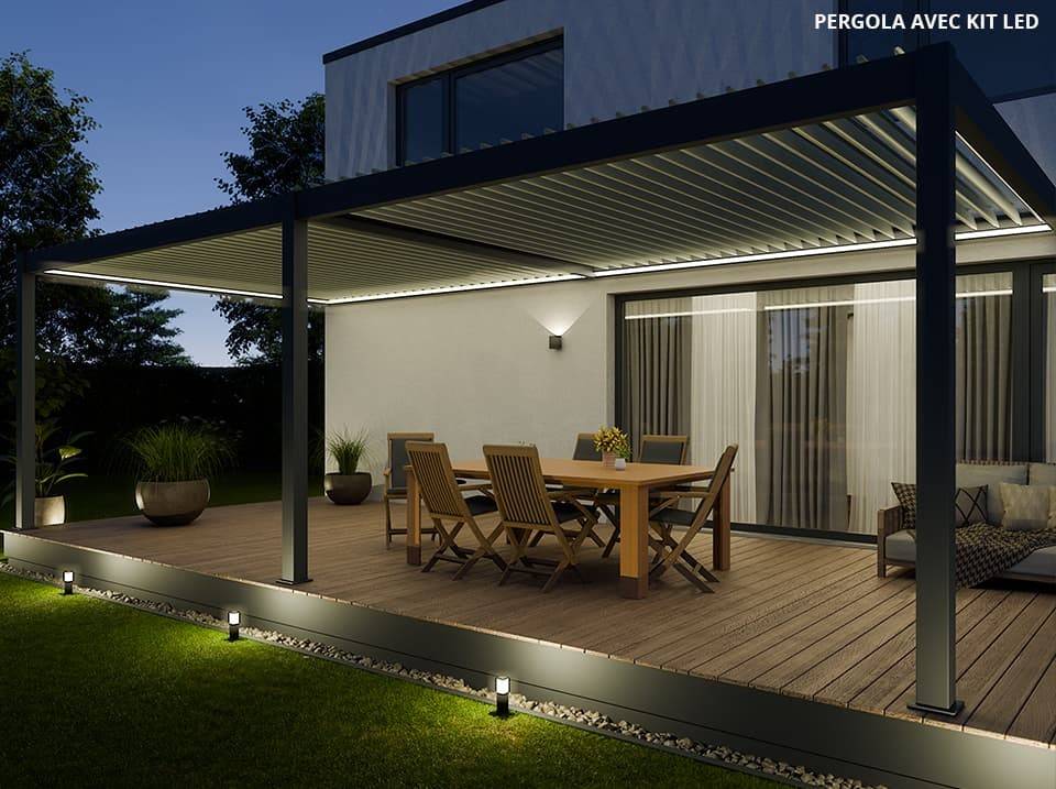 Pergola Bioclimatique Aluminium Adossée 32m² - 4x8m - Kit LED Inclus  - Anthracite - 50 lames en Aluminium a 120 degrés - HALO - Imagen 1