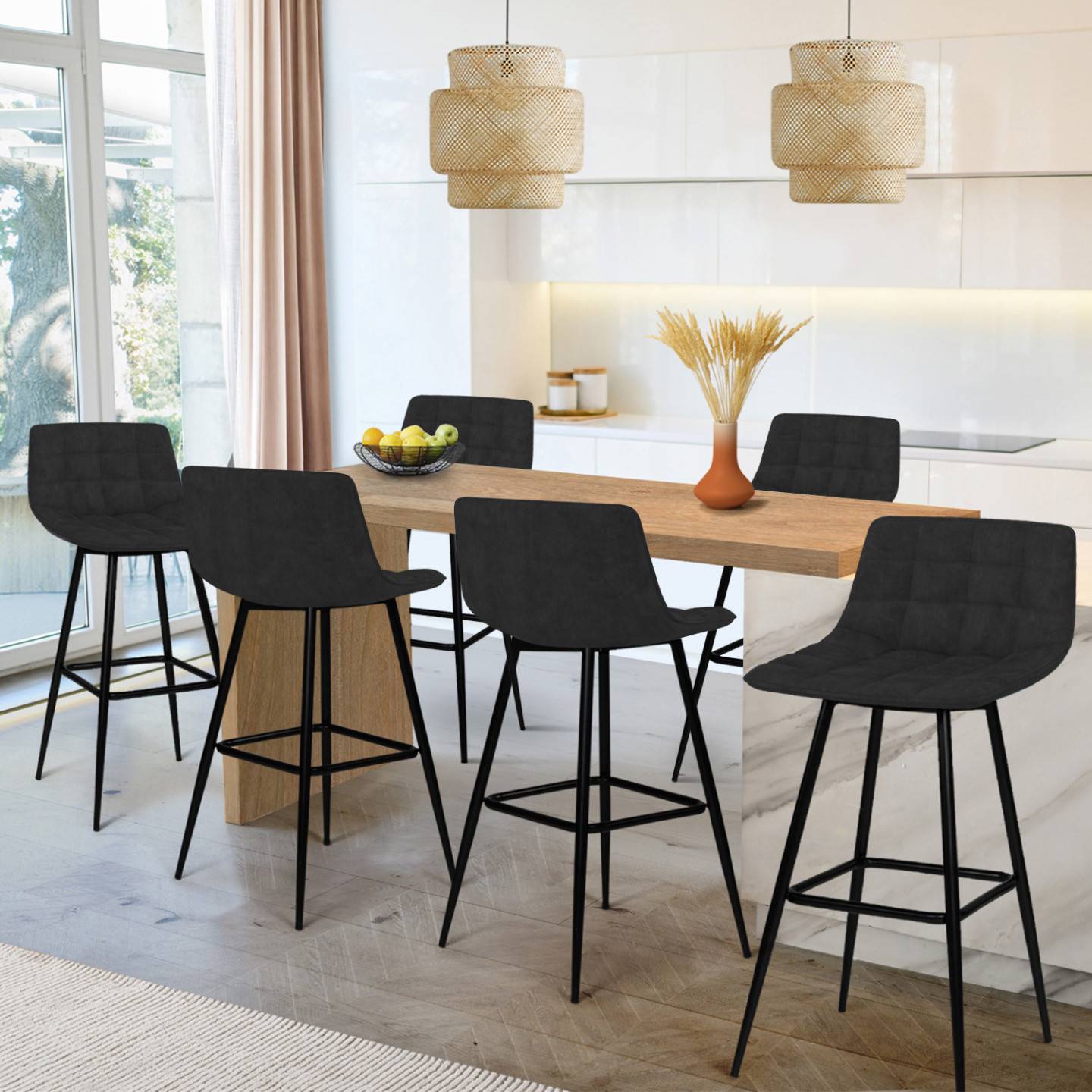 Lot de 6 tabourets de bar MADY en velours noir - Image 1