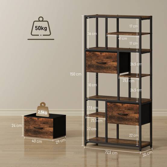 Étagère de rangement, 2 tiroirs en tissu, 9 compartiments ouverts, étagère autoportante avec structure en acier, marron et noir - Image 5