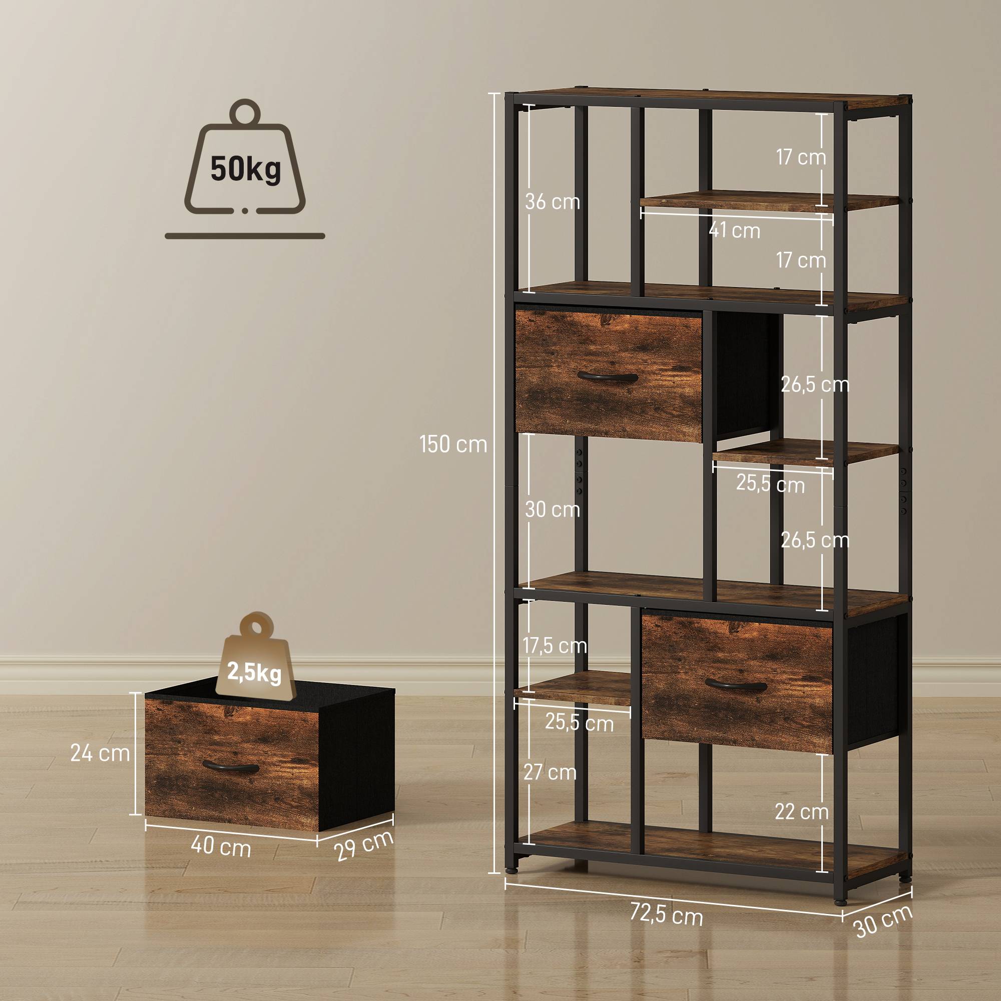 Étagère de rangement, 2 tiroirs en tissu, 9 compartiments ouverts, étagère autoportante avec structure en acier, marron et noir - Image 5