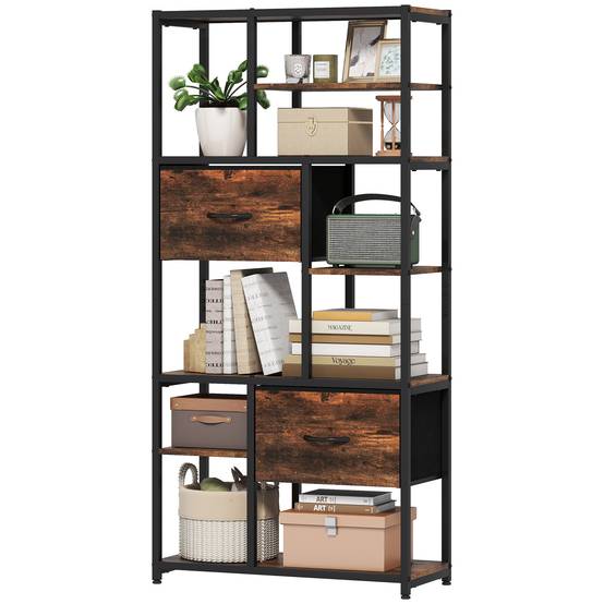 Étagère de rangement, 2 tiroirs en tissu, 9 compartiments ouverts, étagère autoportante avec structure en acier, marron et noir - Image 2