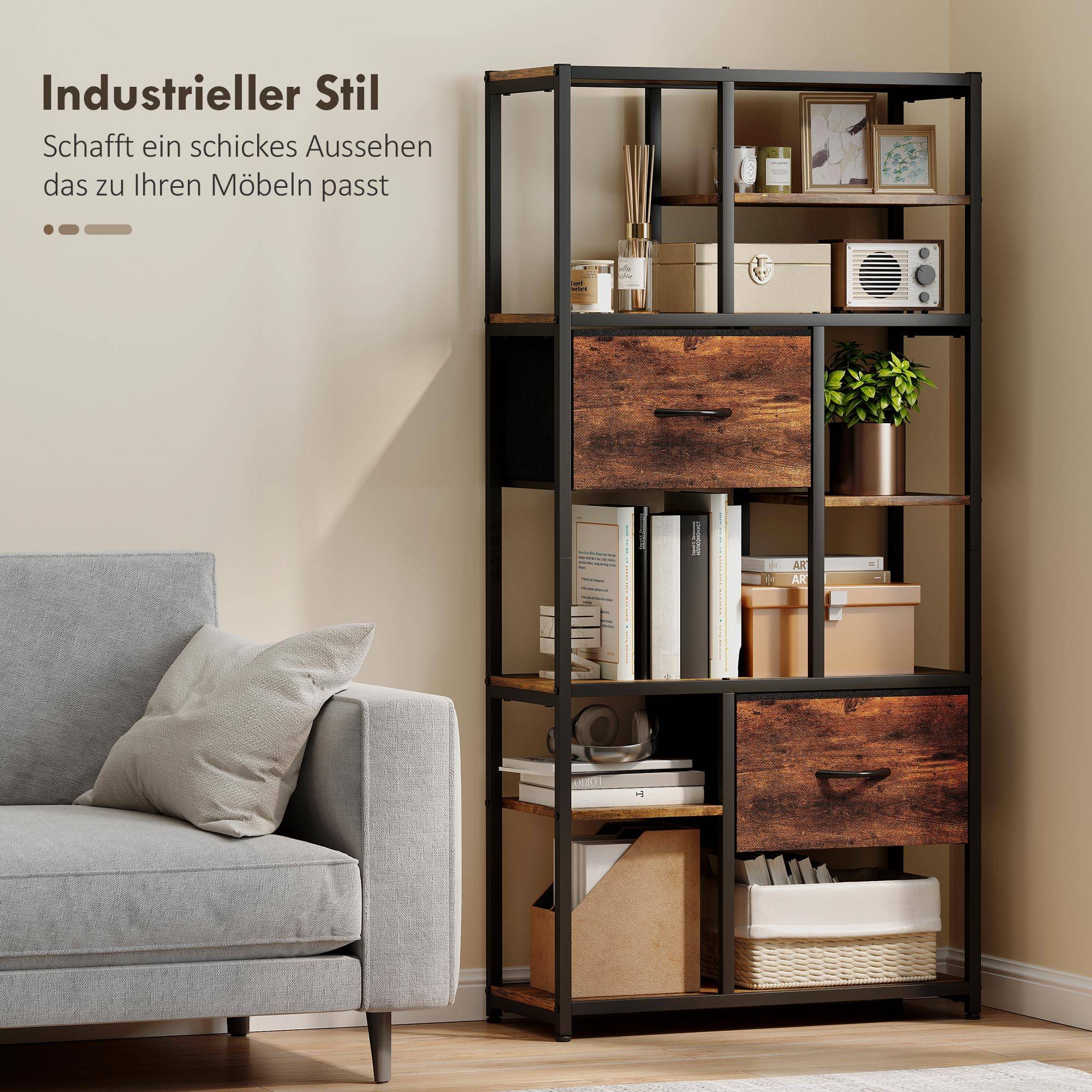 Étagère de rangement, 2 tiroirs en tissu, 9 compartiments ouverts, étagère autoportante avec structure en acier, marron et noir - Image 7