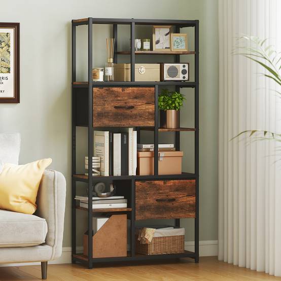 Étagère de rangement, 2 tiroirs en tissu, 9 compartiments ouverts, étagère autoportante avec structure en acier, marron et noir - Image 3