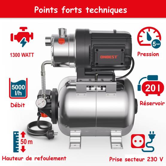 BB Loisir - Surpresseur automatique domestique 1300W en acier inoxydable de 20 l idéal jardin et maison - Image 3