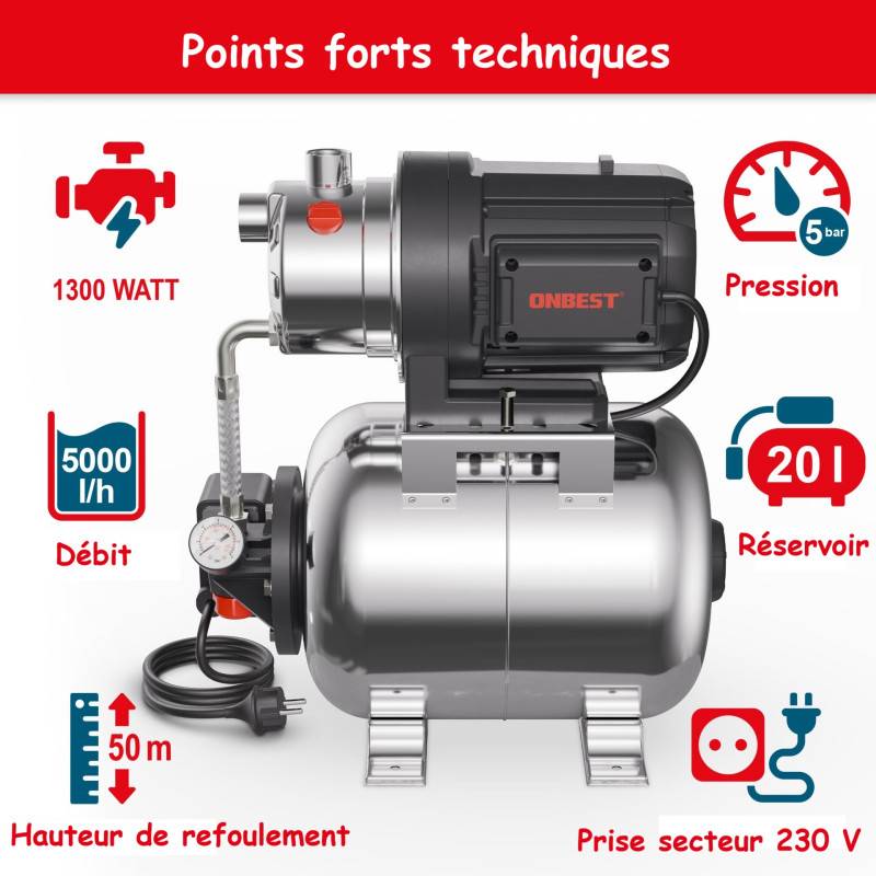 BB Loisir - Surpresseur automatique domestique 1300W en acier inoxydable de 20 l idéal jardin et maison - Image 3