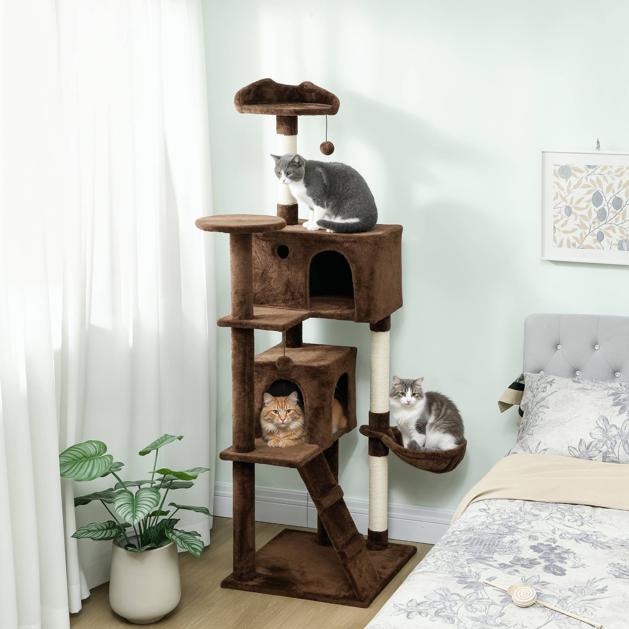 Grand Arbre à Chat 180cm Tour d'Activité avec 2 Niches Hamac et Échelle Marron - ComfortXL Outdoor Living - Image 3