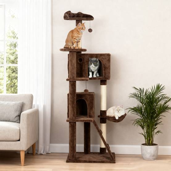 Grand Arbre à Chat 180cm Tour d'Activité avec 2 Niches Hamac et Échelle Marron - ComfortXL Outdoor Living - Image 4