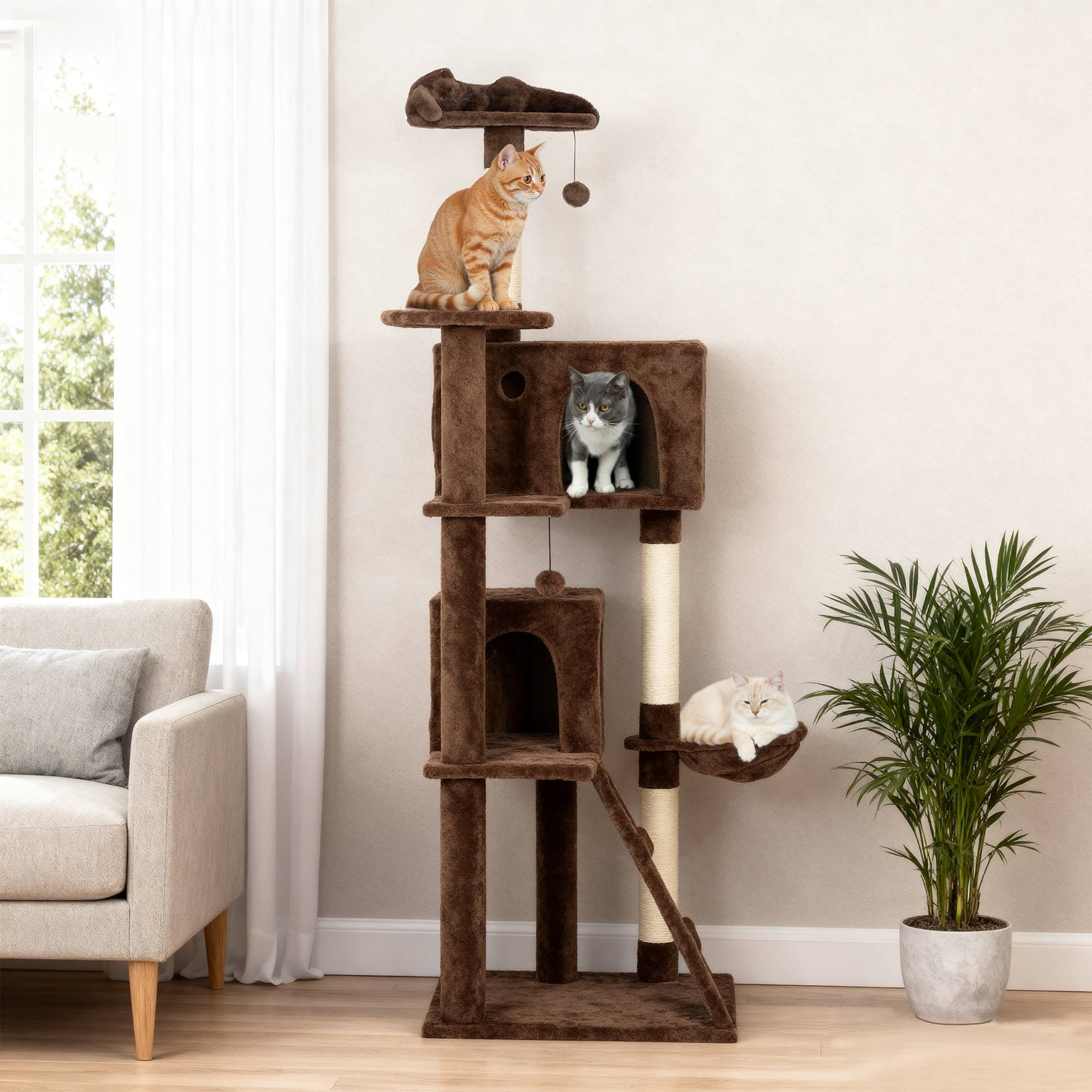 Grand Arbre à Chat 180cm Tour d'Activité avec 2 Niches Hamac et Échelle Marron - ComfortXL Outdoor Living - Image 4