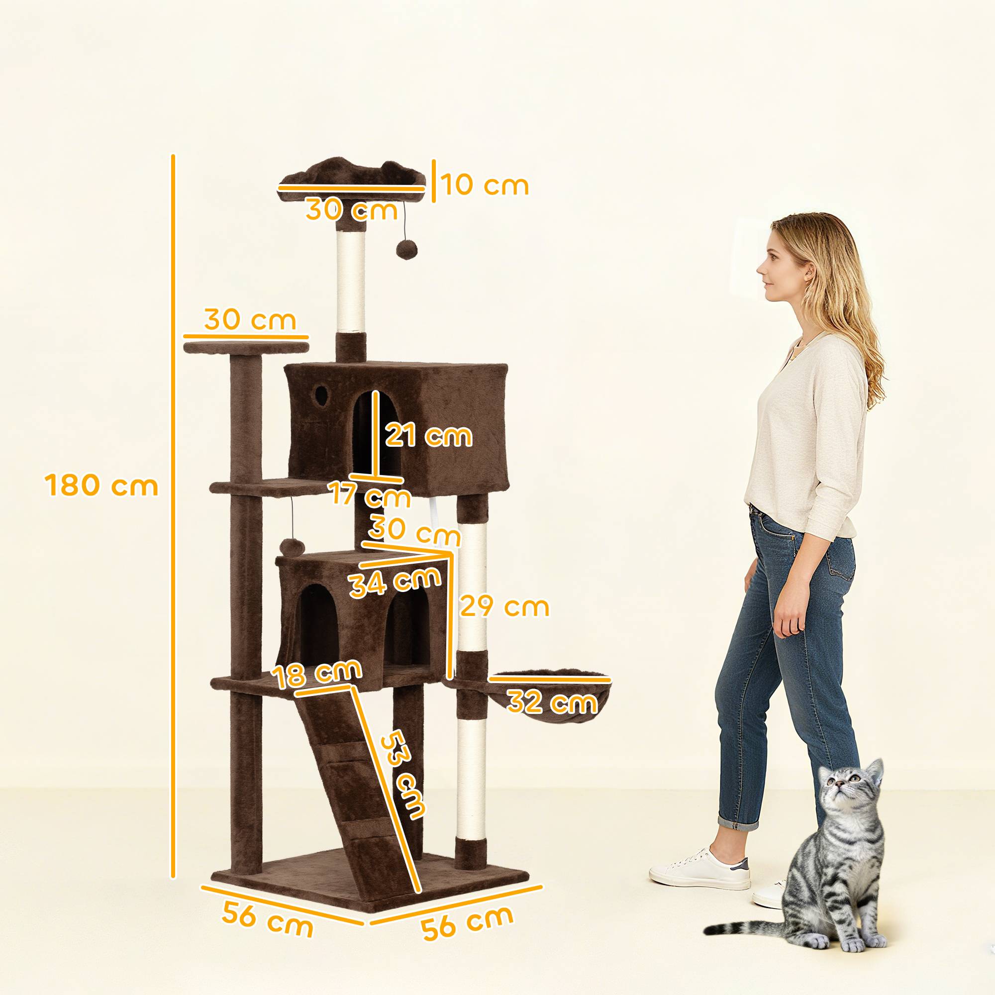 Grand Arbre à Chat 180cm Tour d'Activité avec 2 Niches Hamac et Échelle Marron - ComfortXL Outdoor Living - Image 5