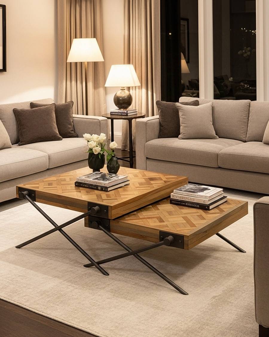 Loft - Table basse carrée gigogne en teck motif chevron - UNIQKA - Imagen 2