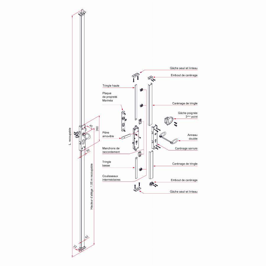 Serrure multipoints Multireverso TIRARD pour volet et porte garage - Alu blanc - Carré 7 Profil EU - WG591010Q - Image 2