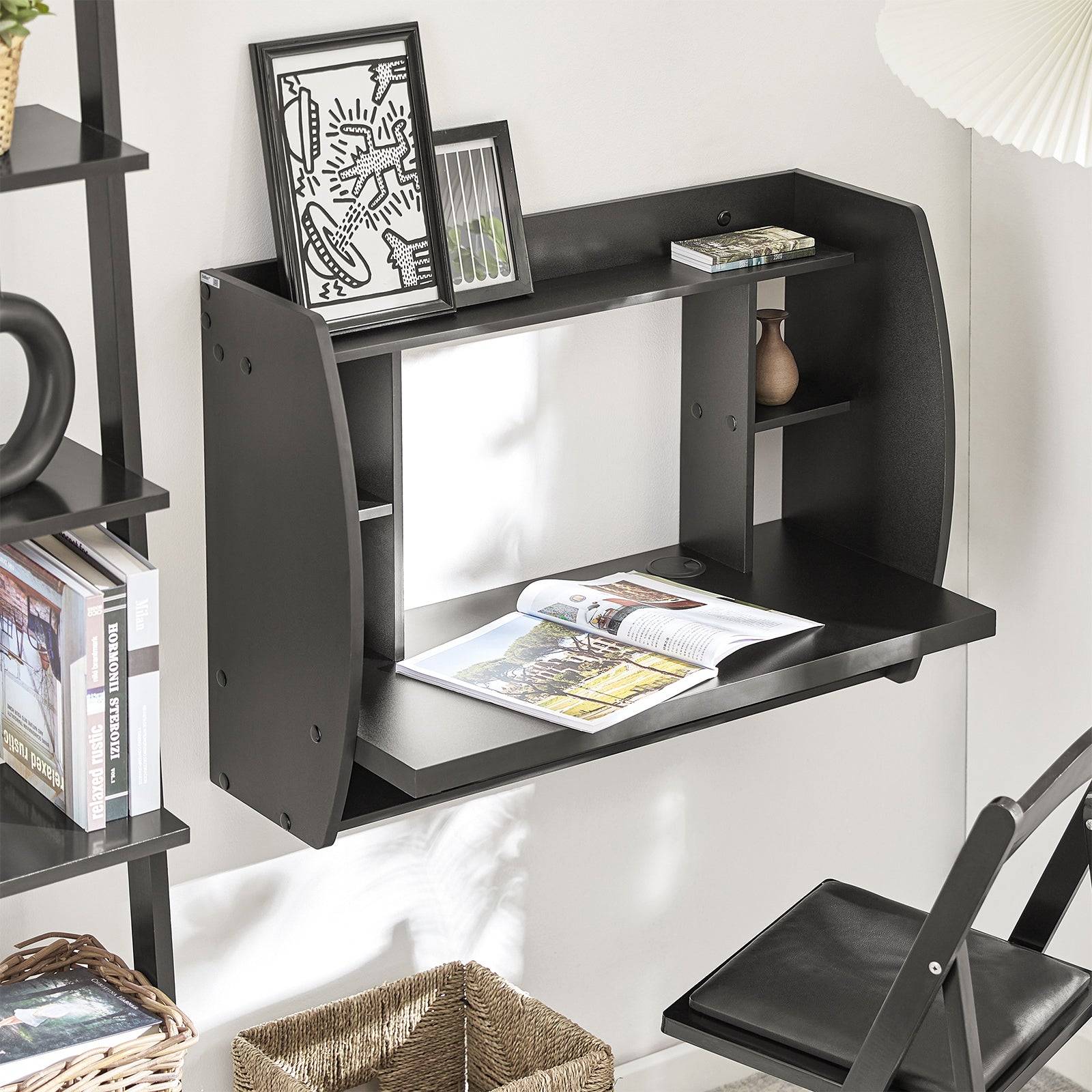 SoBuy Table Murale Bureau avec Étagère Intégrée et Armoire de Rangement, Fonctionnelle et Moderne, Noir, Modèle FWT18-Sch - Image 2
