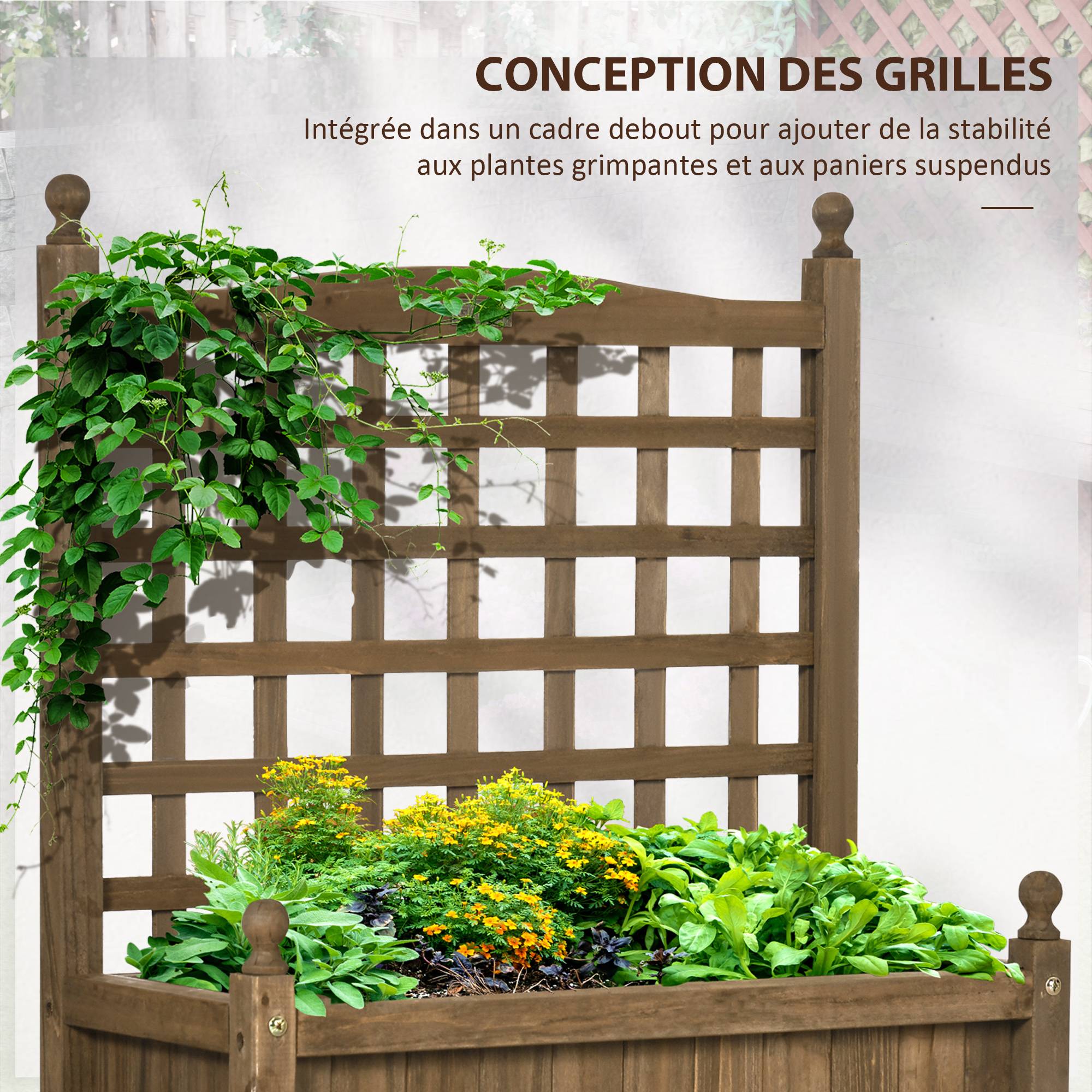Jardinière avec treillis bois massif naturel 64 x 28 x 75 cm - PANGIVO - Image 6