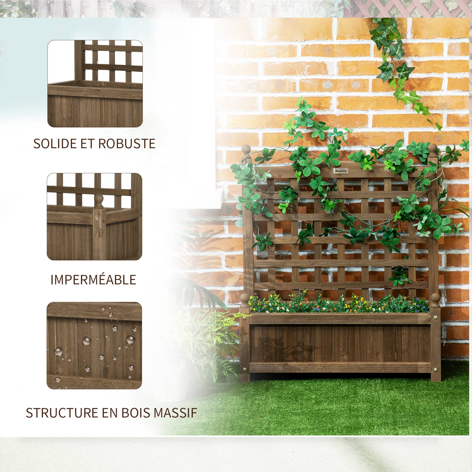 Jardinière avec treillis bois massif naturel 64 x 28 x 75 cm - PANGIVO - Image 8