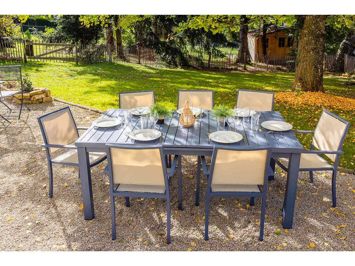 Table de jardin rectangulaire extensible en aluminium Santorin gris bleuté 8/10 places - Jardiline + 10 fauteuils - Imagen 1