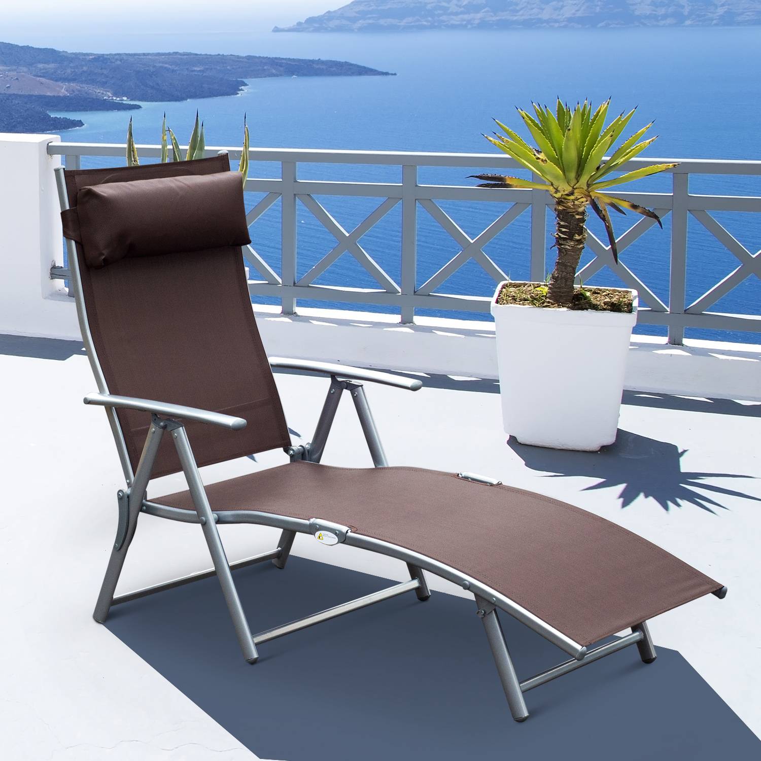 Outsunny - Bain de soleil pliable dossier inclinable multi-positions têtière fournie métal époxy textilène marron - Outsunny - Imagen 2