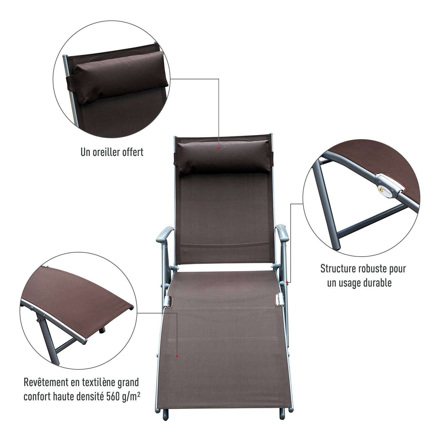 Outsunny - Bain de soleil pliable dossier inclinable multi-positions têtière fournie métal époxy textilène marron - Outsunny - Imagen 6