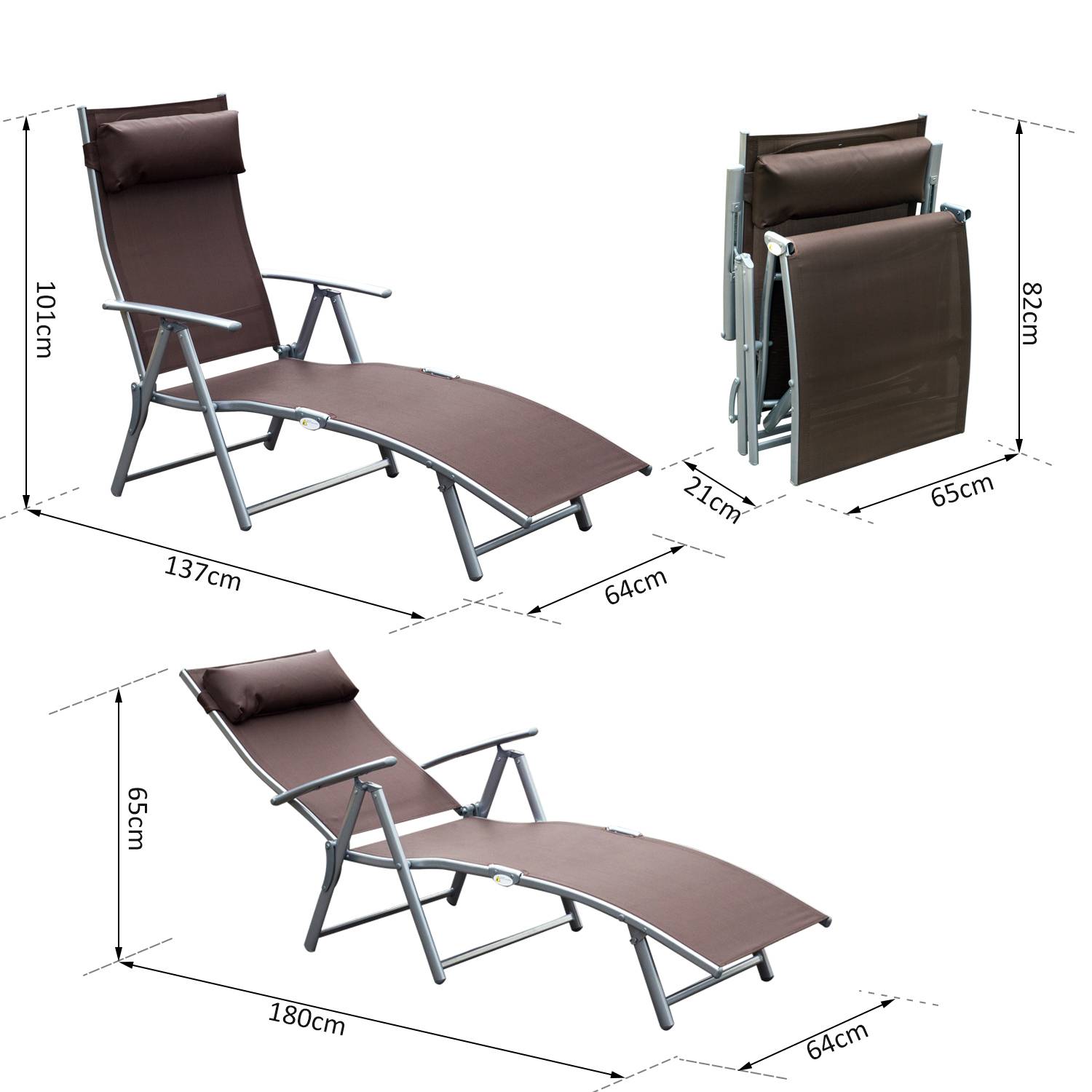 Outsunny - Bain de soleil pliable dossier inclinable multi-positions têtière fournie métal époxy textilène marron - Outsunny - Imagen 3