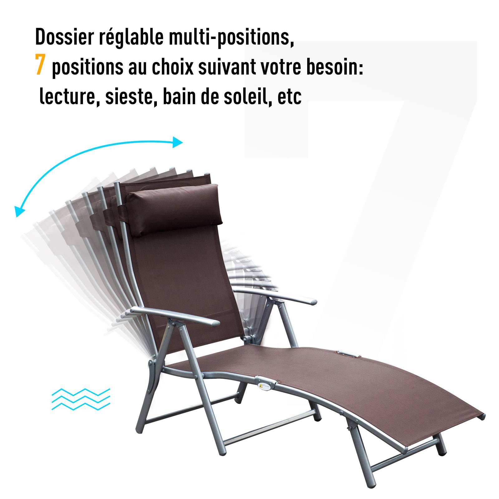 Outsunny - Bain de soleil pliable dossier inclinable multi-positions têtière fournie métal époxy textilène marron - Outsunny - Imagen 5