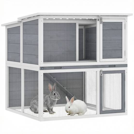 Sans Marque - Clapier lapin extérieur cage à lapin 2 étages spacieux toit double ouverture plateau amovible 98x95x102,5cm gris - Image 1