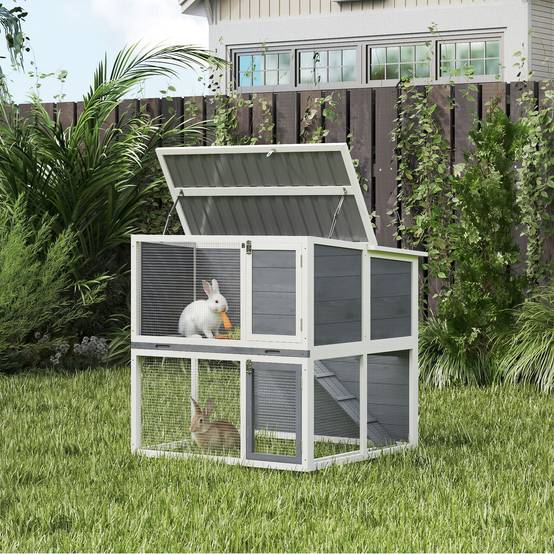 Sans Marque - Clapier lapin extérieur cage à lapin 2 étages spacieux toit double ouverture plateau amovible 98x95x102,5cm gris - Image 3