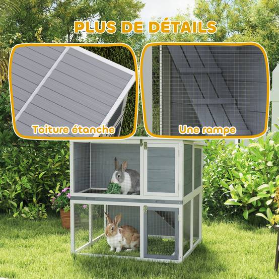 Sans Marque - Clapier lapin extérieur cage à lapin 2 étages spacieux toit double ouverture plateau amovible 98x95x102,5cm gris - Image 9