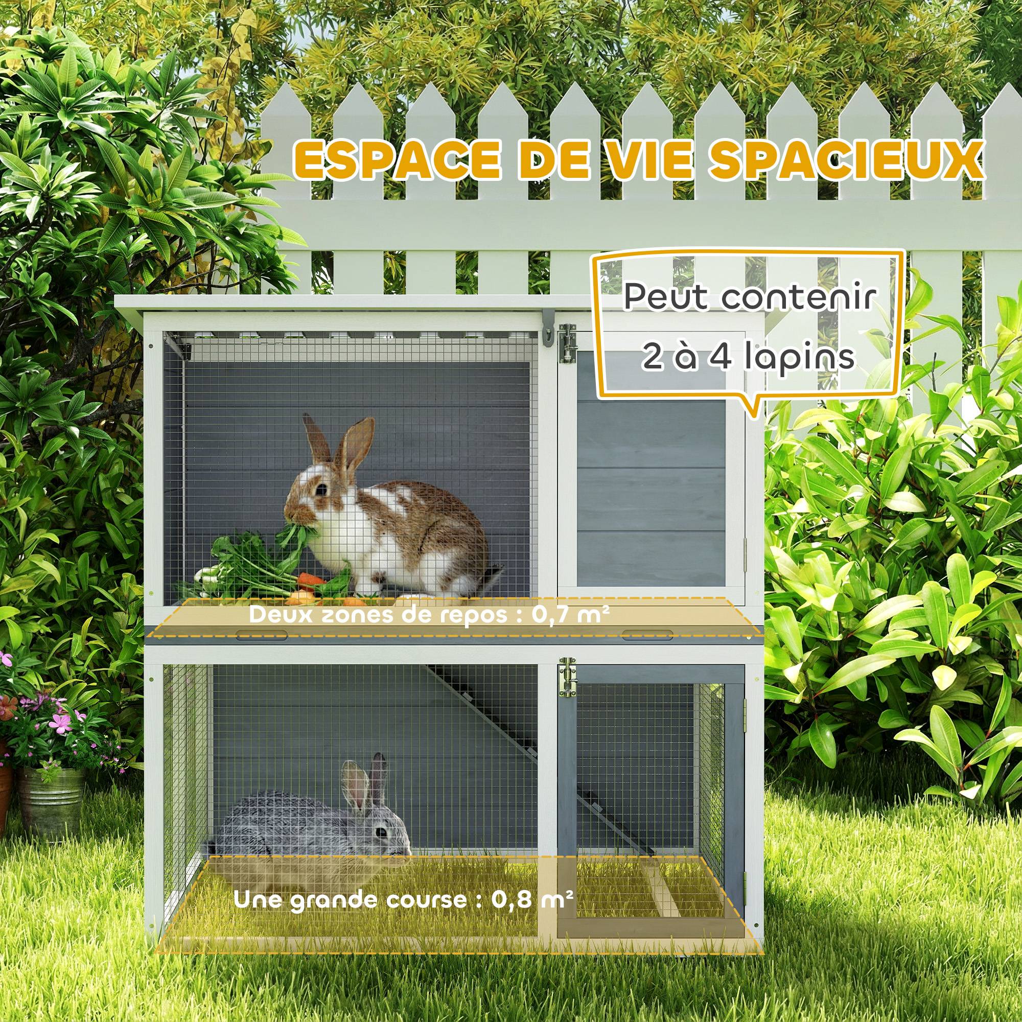 Sans Marque - Clapier lapin extérieur cage à lapin 2 étages spacieux toit double ouverture plateau amovible 98x95x102,5cm gris - Image 6