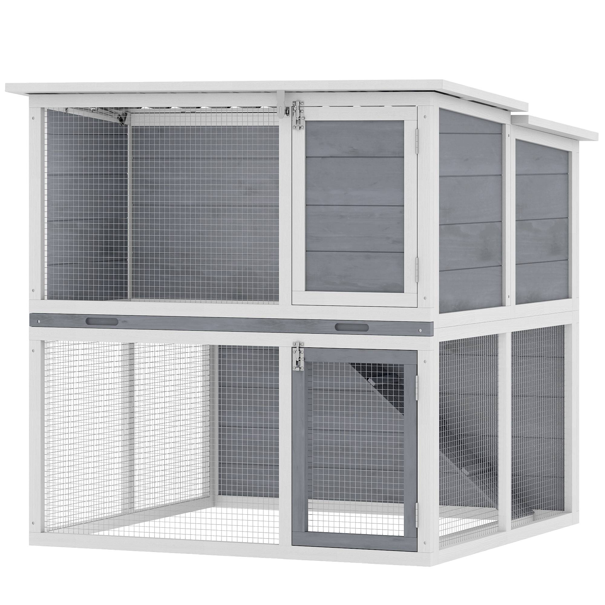 Sans Marque - Clapier lapin extérieur cage à lapin 2 étages spacieux toit double ouverture plateau amovible 98x95x102,5cm gris - Image 2