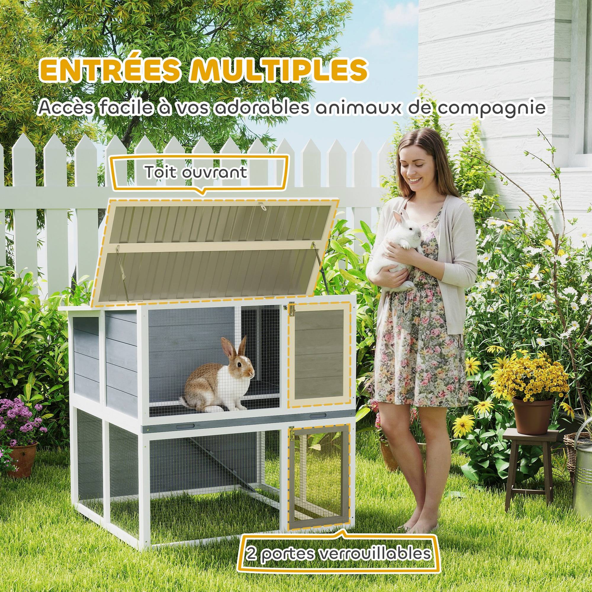 Sans Marque - Clapier lapin extérieur cage à lapin 2 étages spacieux toit double ouverture plateau amovible 98x95x102,5cm gris - Image 8